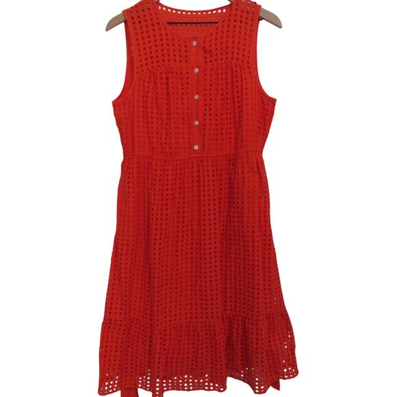 J.Crew Womens Sz 12 Red Orange Eyelet Sleeveless Midi Belted Button Front Dress - Picture 1 of 6